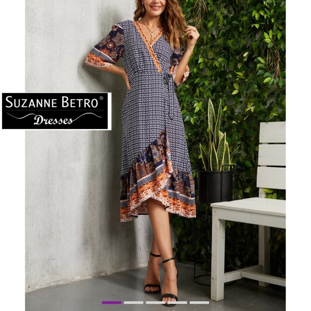 Suzanne Betro Navy and Orange High Low Dress